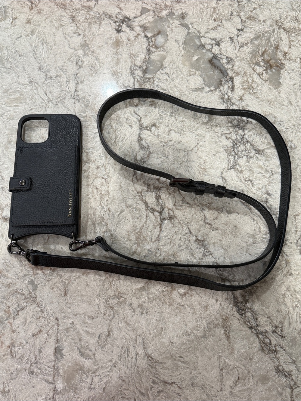 Bandolier Black Leather Crossbody Phone Case with Strap